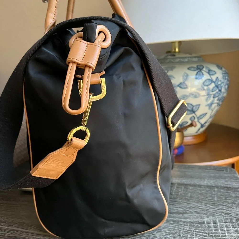 Tory Burch Perforated Logo Black Nylon Drawstring Top handle Large Crossbody